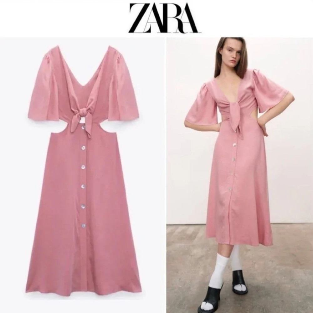 Zara Mauve Pink Lyocell Tie Front Cut Out Open Back Midi Dress Button-Down M